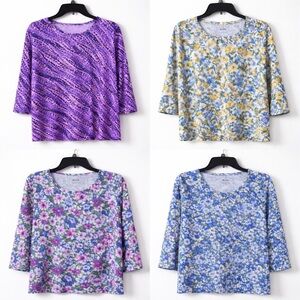 Blair Tops Bundle Women Petite Large Floral Knit 4-Pack Cotton Blend 3/4 Sleeves